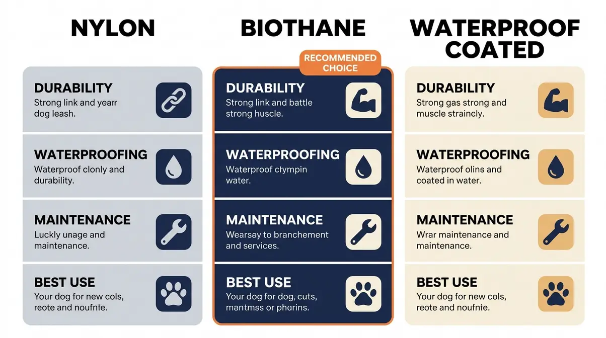 Infographic comparing dog leash materials: nylon, Biothane, and waterproof coated for training and hiking
