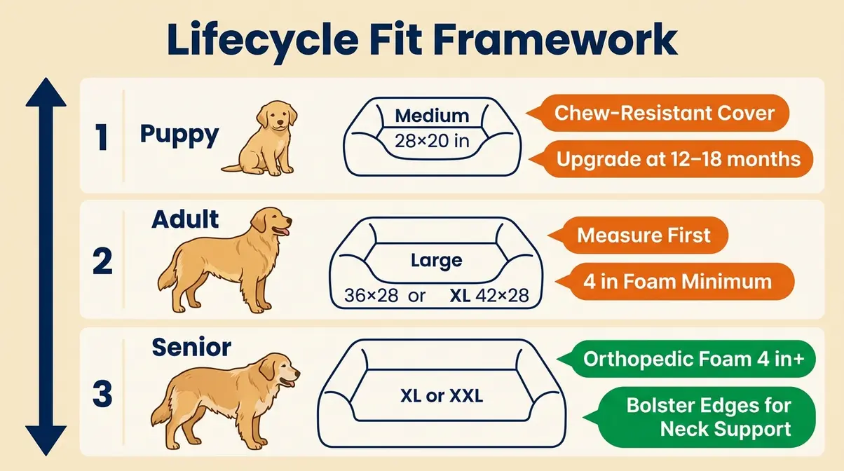 Three-panel infographic showing Golden Retriever bed sizing and key features for puppy, adult, and senior life stages