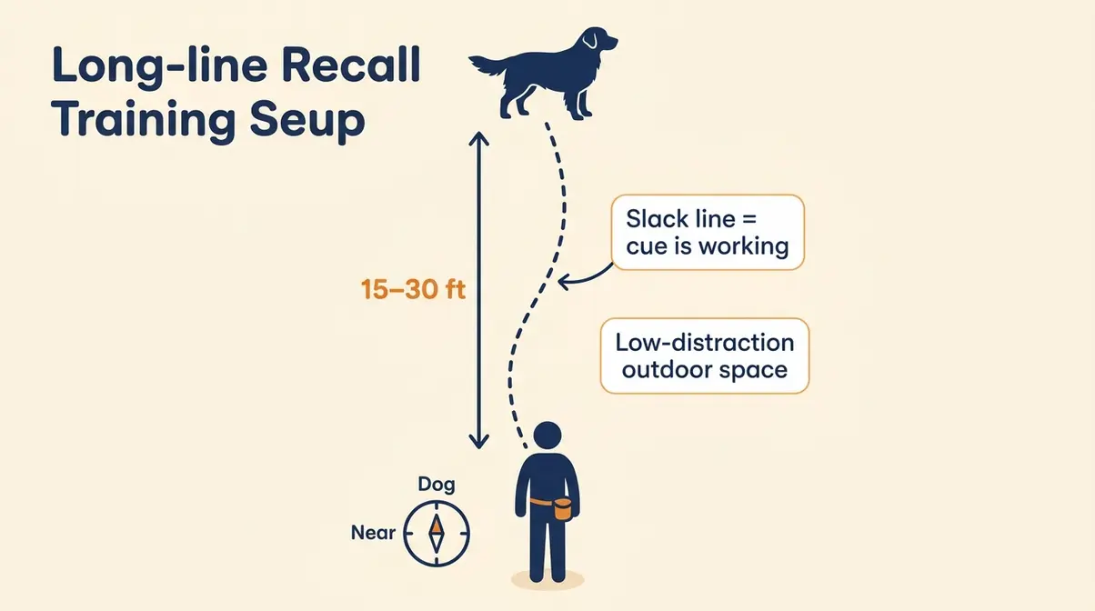 Diagram of golden retriever recall training long line setup showing 15 to 30 foot lead distance and handler position