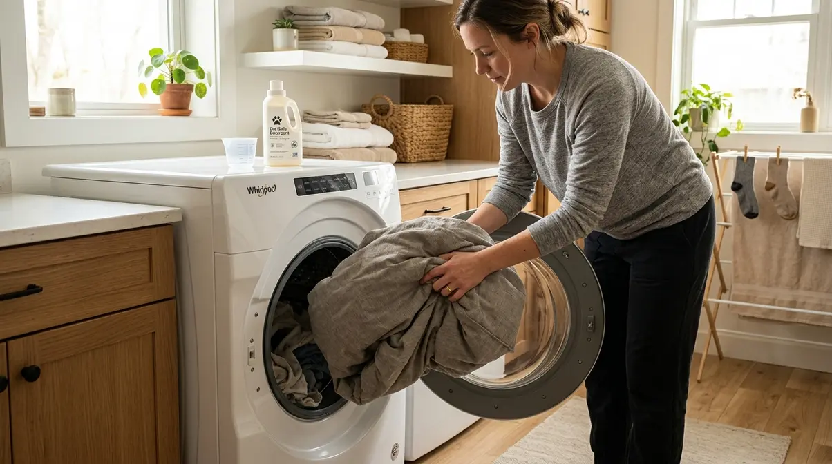 Person loading a dog bed cover into a front-loading washing machine with pet-safe detergent nearby