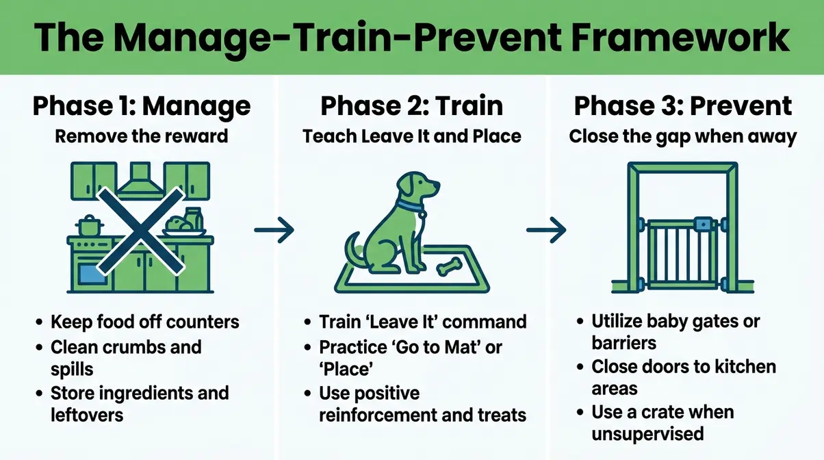 Three-phase Manage-Train-Prevent Framework infographic for stopping counter surfing in dogs