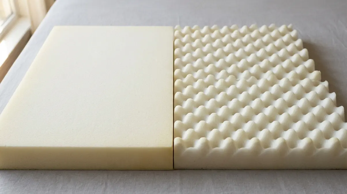 Side-by-side comparison of a dense memory foam dog bed insert and a textured egg crate foam insert