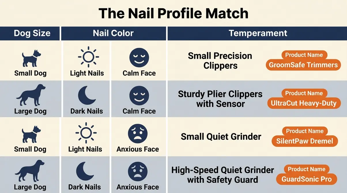 Infographic matching dog size, nail color, and temperament to the best dog nail clippers