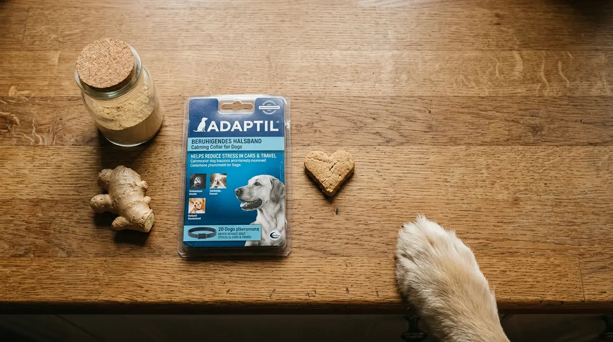 Natural dog car sickness remedies including ginger root, ginger powder, and Adaptil pheromone collar on wooden surface
