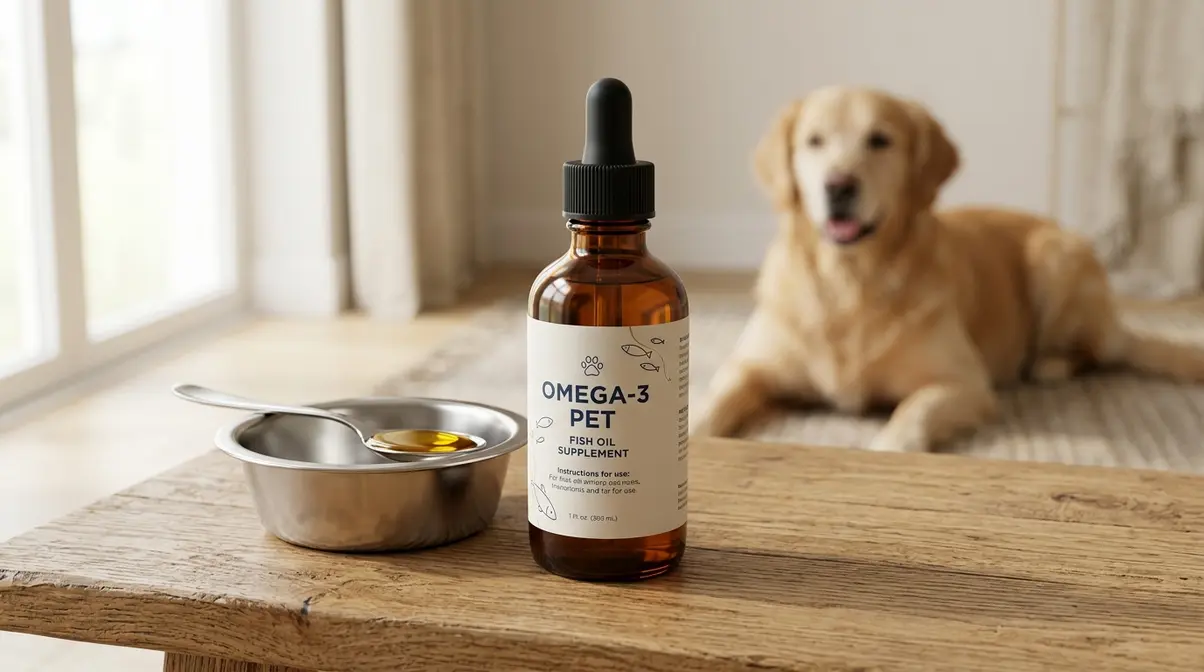 Nordic Naturals Omega-3 Pet bottle on wooden surface with Golden Retriever softly blurred in background