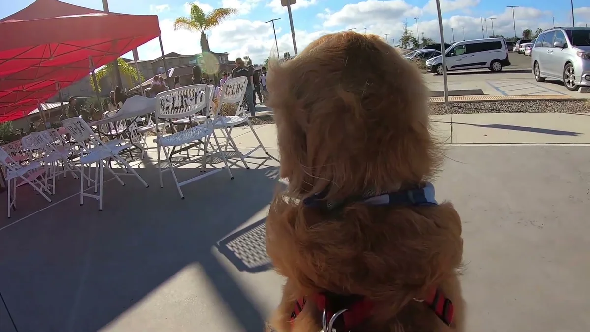 Oshie waiting at the base surrounded by red tents and chairs