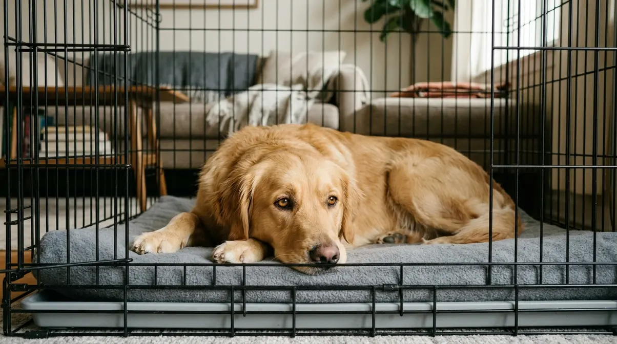 Golden Retriever lying in a crate with a flat, disengaged posture showing early signs of over-crating stress