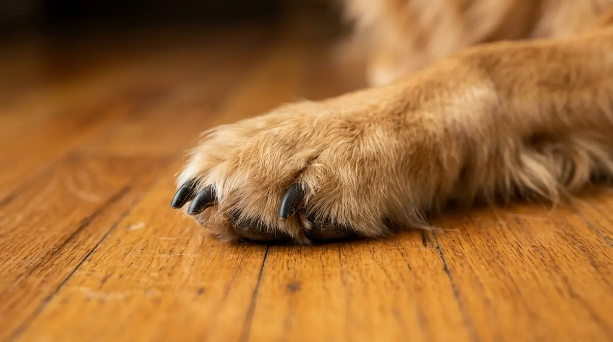 Golden Retriever paw on hardwood floor showing overgrown nails touching the floor surface