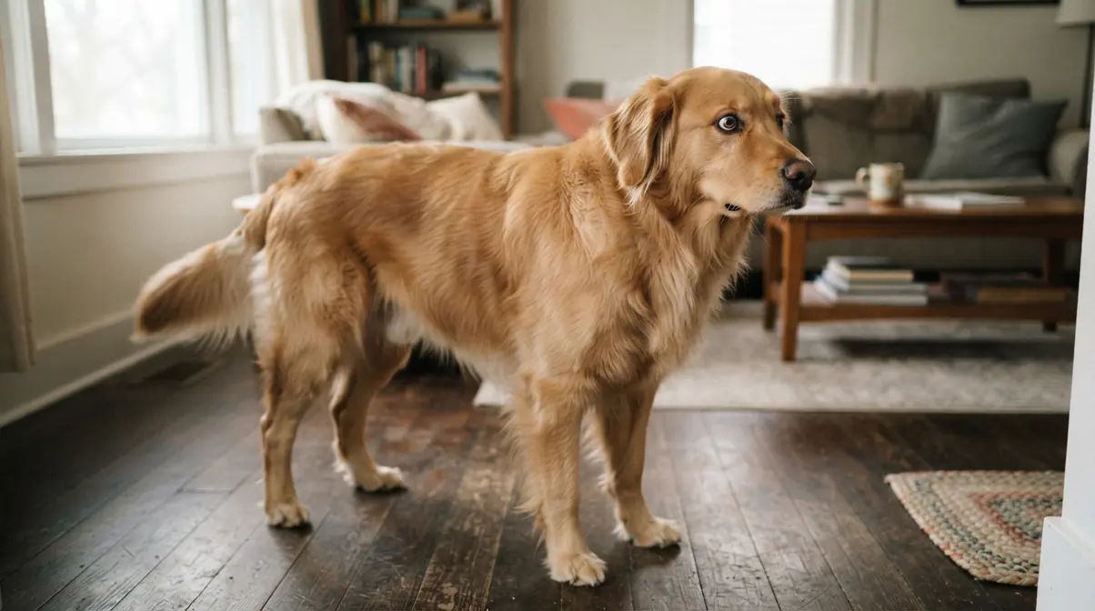 Overstimulated Golden Retriever showing whale eye and stiff body posture in a living room
