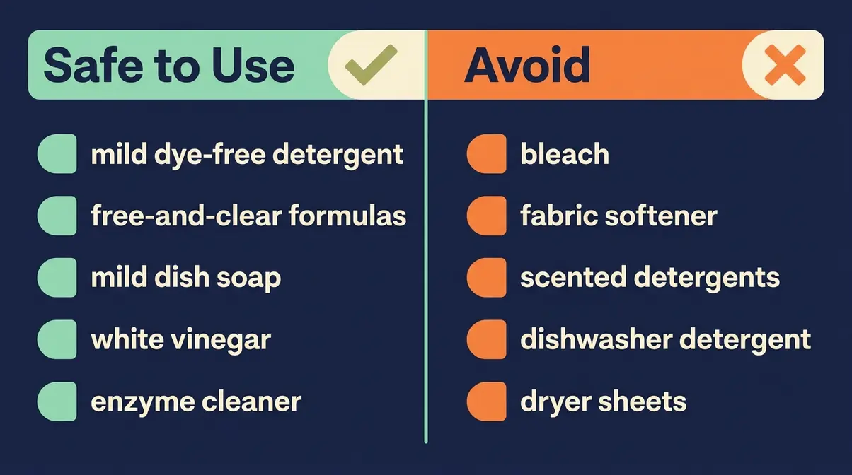 Comparison table showing pet-safe dog bed cleaning agents versus harmful chemicals to avoid