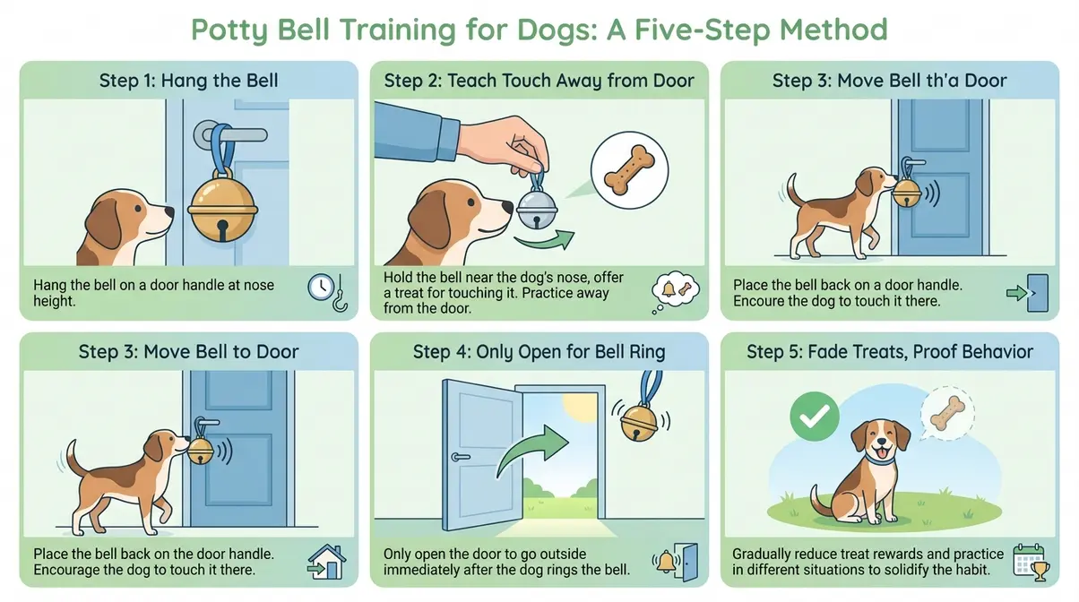Five-step infographic showing how to teach a dog to alert to go outside using potty bells