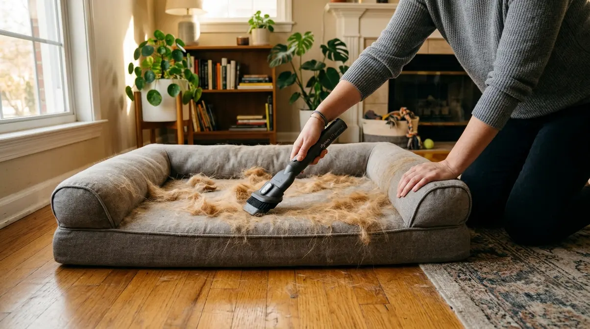 Person vacuuming Golden Retriever hair from a dog bed before washing, step one pre-wash prep