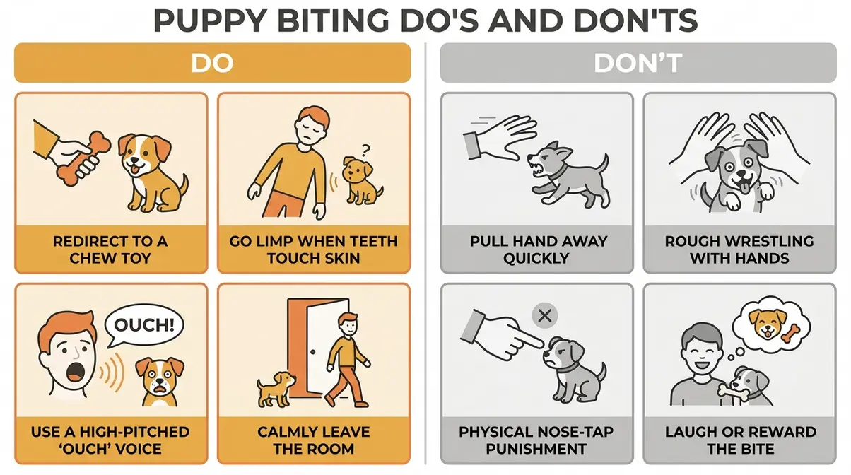 Golden retriever puppy mouthing do's and don'ts infographic showing correct redirection techniques