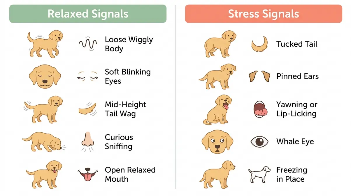 Golden retriever puppy body language chart showing relaxed versus stressed signals for socialization