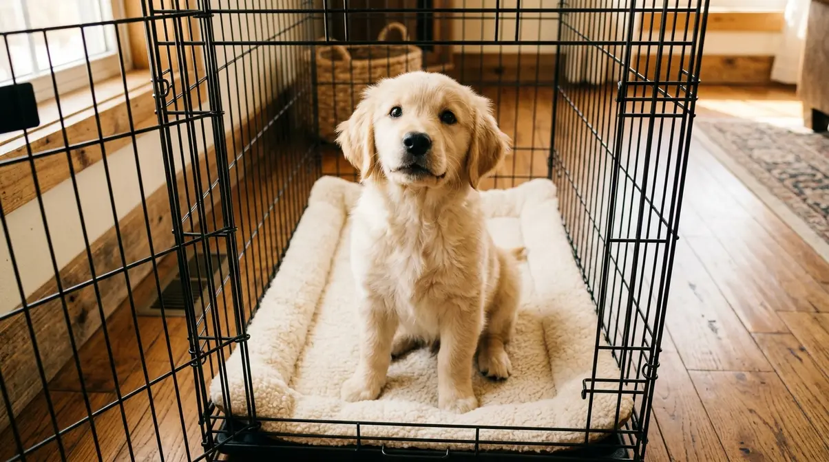 Golden Retriever puppy sitting calmly inside an open wire crate on a plush mat at home