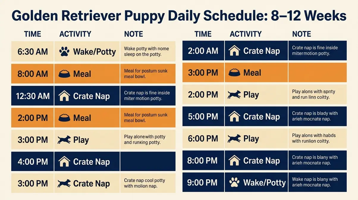 Golden retriever puppy daily schedule chart showing feeding potty and sleep times for 8 to 12 weeks
