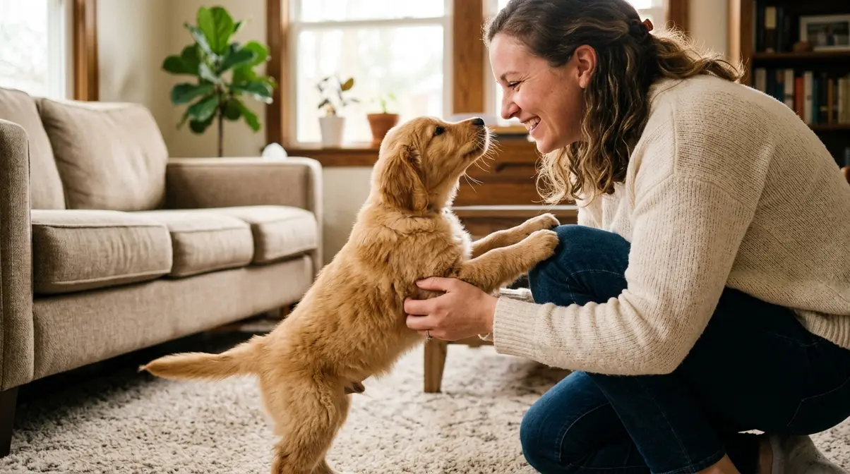 Puppy stretching upward toward a person