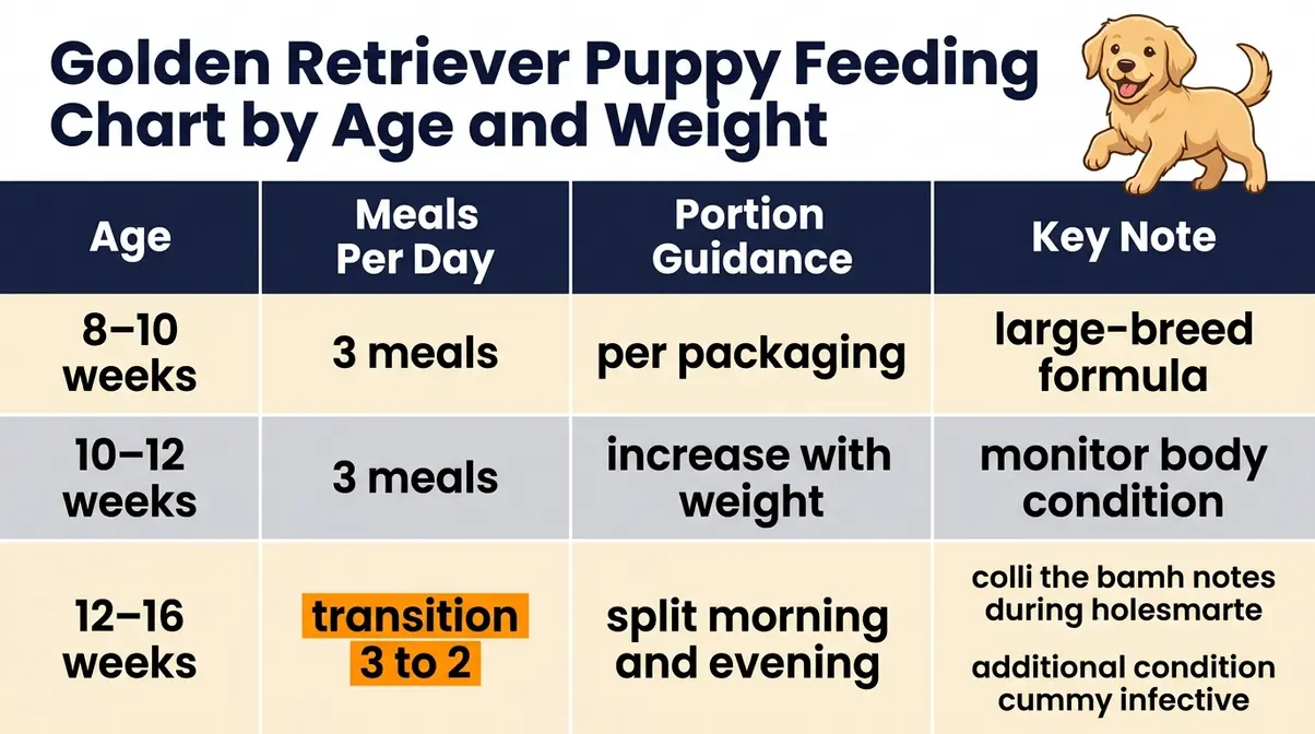 Golden retriever puppy feeding chart showing meal frequency and portion sizes from 8 to 16 weeks by weight
