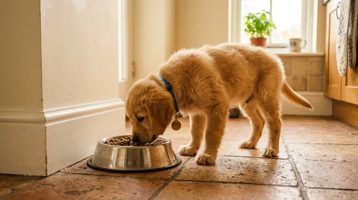 Golden Retriever puppy eating from stainless steel bowl on kitchen floor during scheduled mealtime