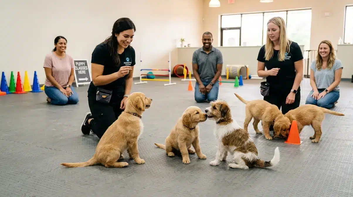 Golden retriever puppies in structured socialization class during first controlled public exposure at weeks 12 to 13