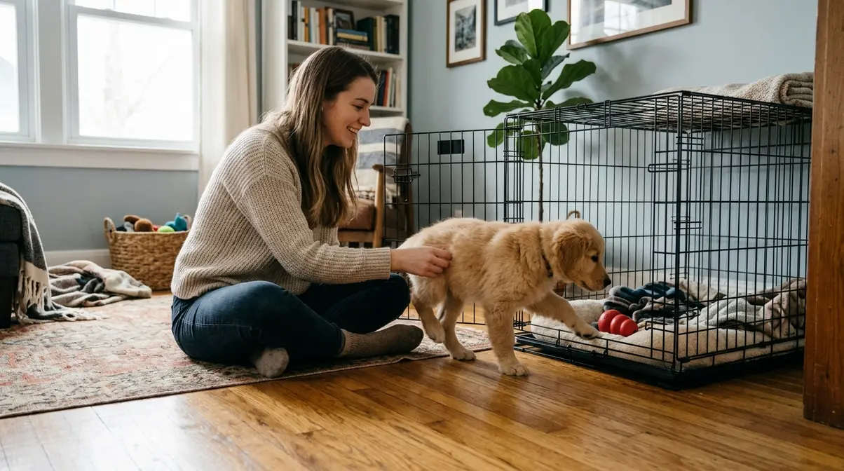 Owner calmly guiding Golden Retriever puppy into crate with Kong toy to reinforce positive crate routine