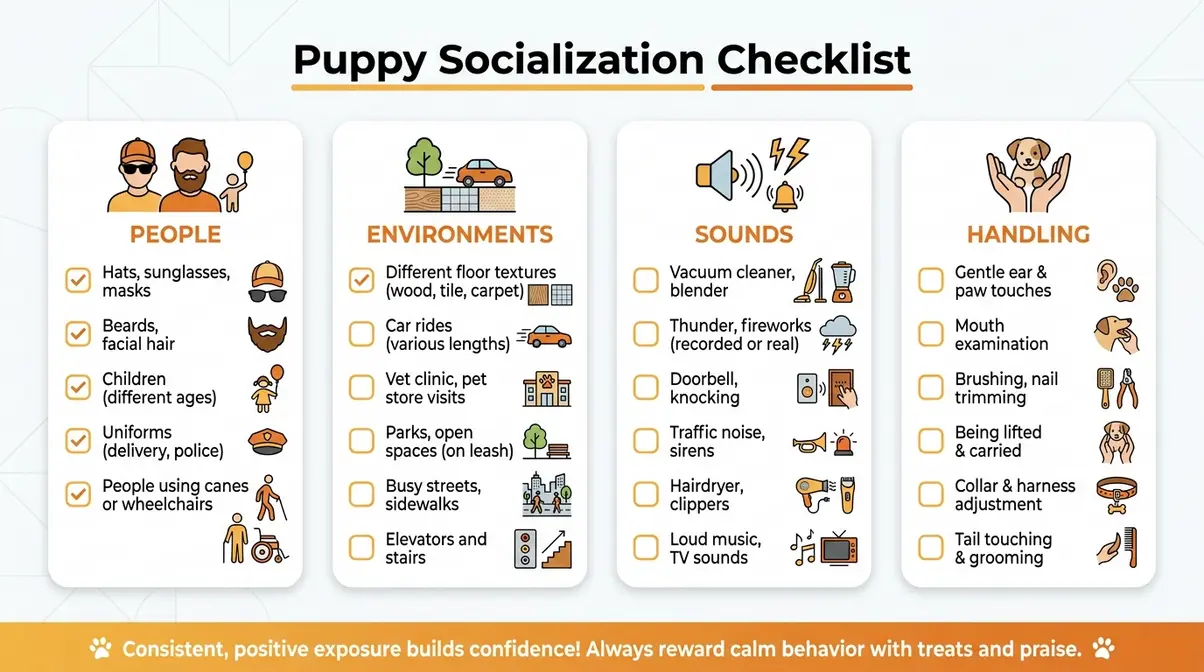 Golden retriever puppy socialization checklist with 50 plus experiences across sounds surfaces people and animals