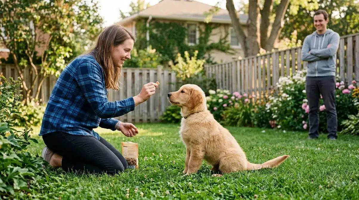 Golden retriever puppy voluntarily approaching person with treat demonstrating gradual desensitization technique