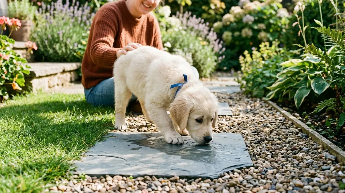Golden Retriever puppy cautiously exploring a new surface on a garden path during early socialization