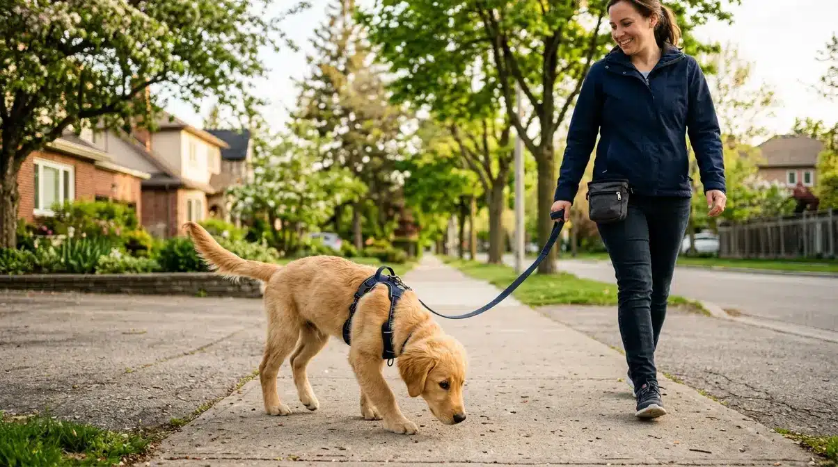 Golden retriever puppy walking confidently on leash during week-by-week socialization training on suburban sidewalk