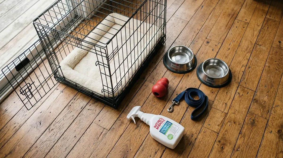 Essential Golden Retriever puppy supplies including crate, bowls, Kong toy, and leash on wooden floor