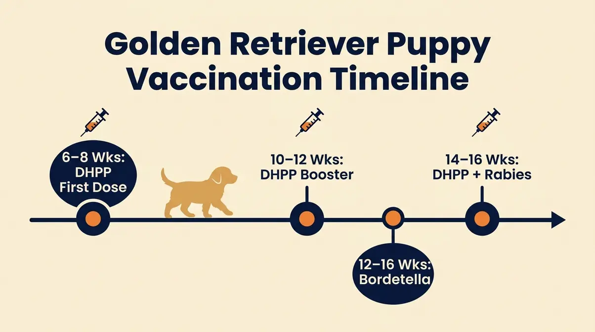 Golden retriever puppy vaccination schedule timeline showing DHPP and rabies vaccine dates from 6 to 16 weeks