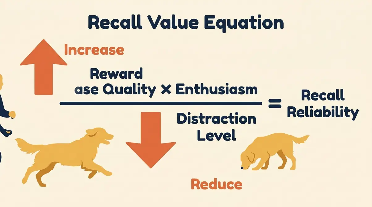 Diagram showing the golden retriever recall training equation with reward quality, enthusiasm, and distraction level variables