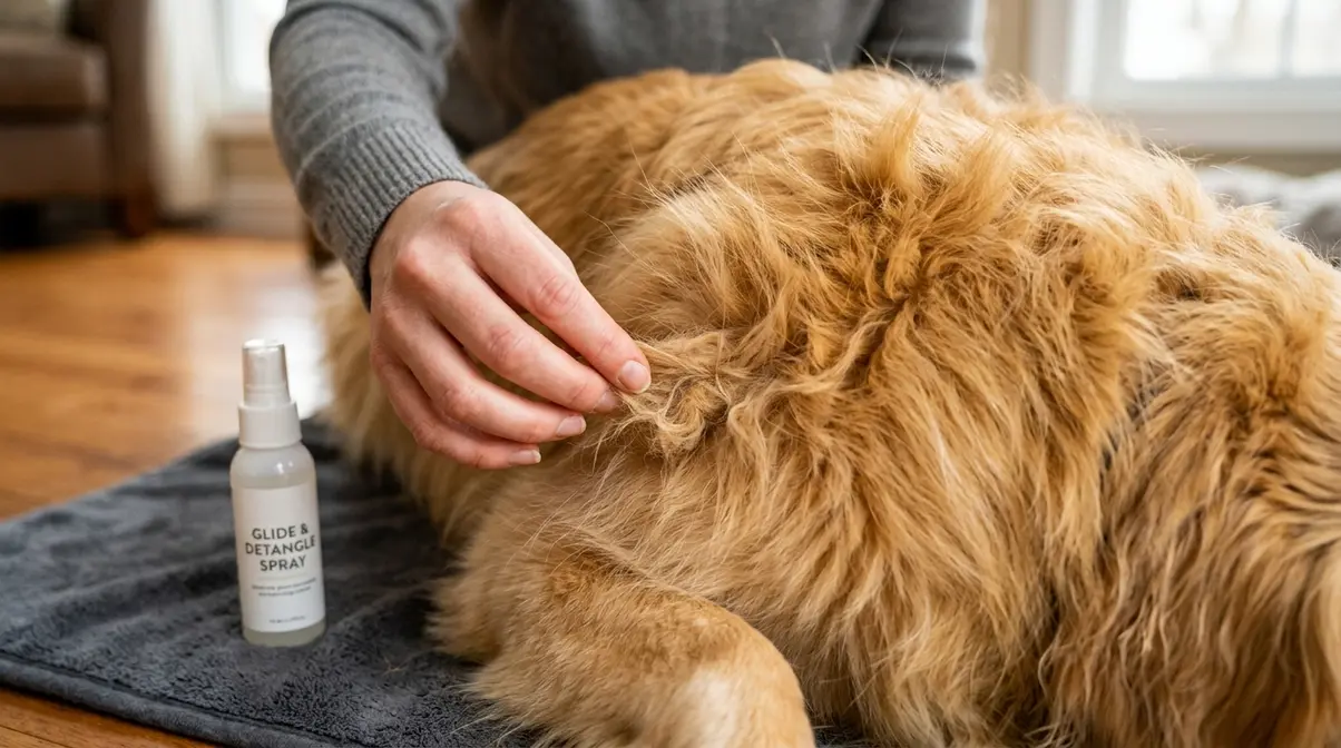 Person gently teasing apart a mat in a Golden Retriever's coat using fingers and detangling spray, working from the outside in