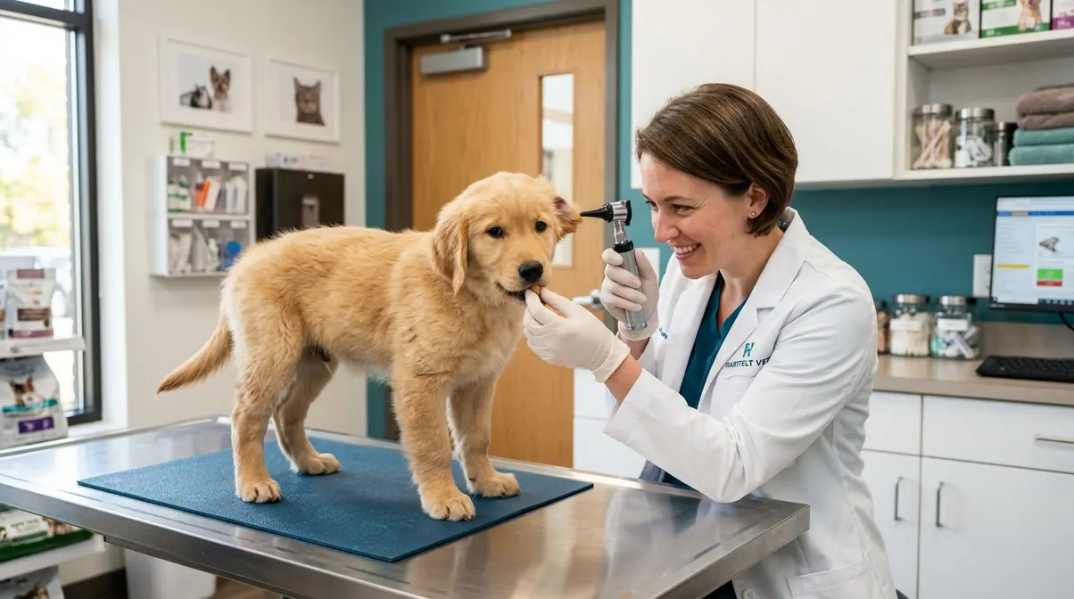 Veterinarian examining golden retriever puppy with treat during pre-vaccination socialization checkup
