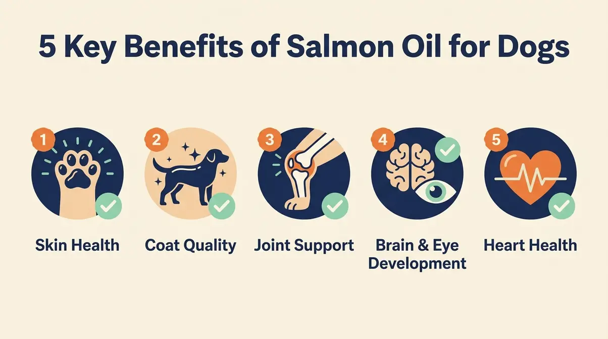 Illustrated infographic showing five health benefits of best salmon oil for dogs including skin, joints, and heart