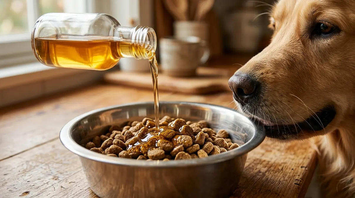 Salmon oil being poured onto dog kibble in a stainless steel bowl with Golden Retriever sniffing nearby
