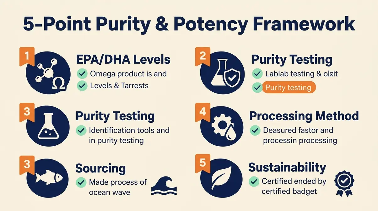 Infographic of 5-point framework for evaluating best salmon oil for dogs covering potency, purity, and sourcing