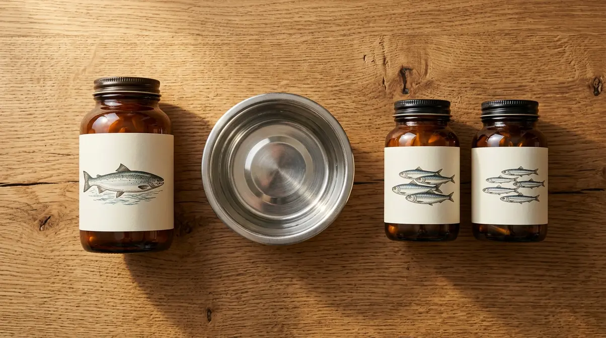 Side-by-side comparison of single-source salmon oil bottle and blended fish oil bottles on wooden surface