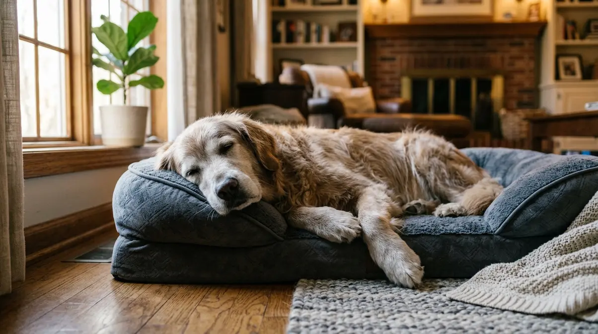 Senior Golden Retriever with greying muzzle resting head on bolster edge of thick orthopedic dog bed