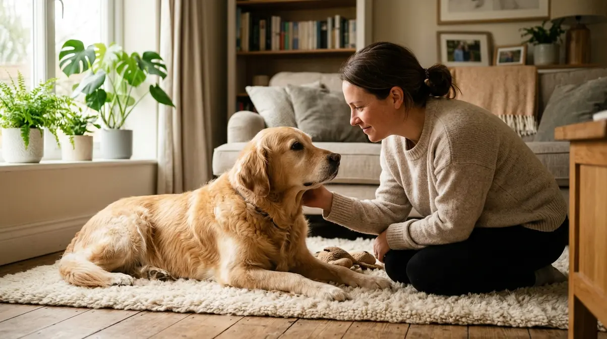 Golden Retriever resting at home with owner nearby, choosing the right sensitive stomach dog food