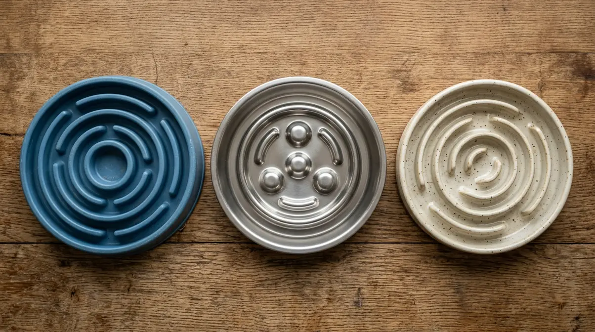 Three slow feeder dog bowls in plastic, stainless steel, and ceramic arranged side by side for comparison