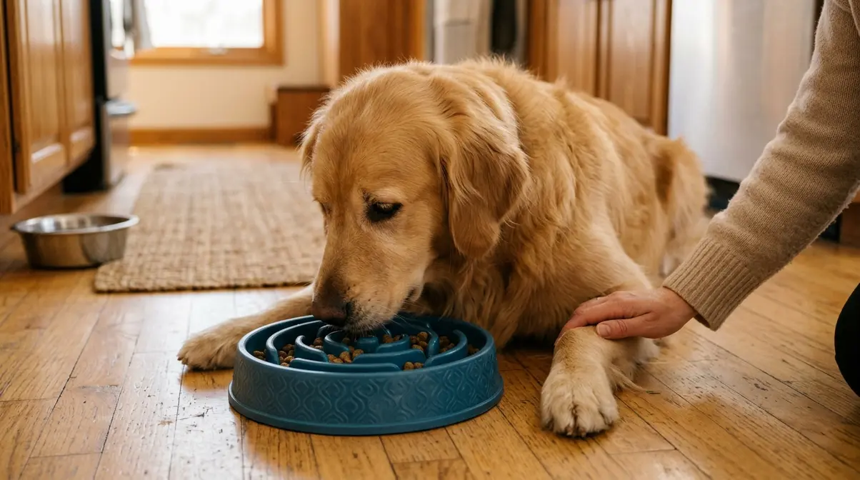 Golden Retriever eating slowly from a maze feeder bowl with owner nearby in a warm home setting