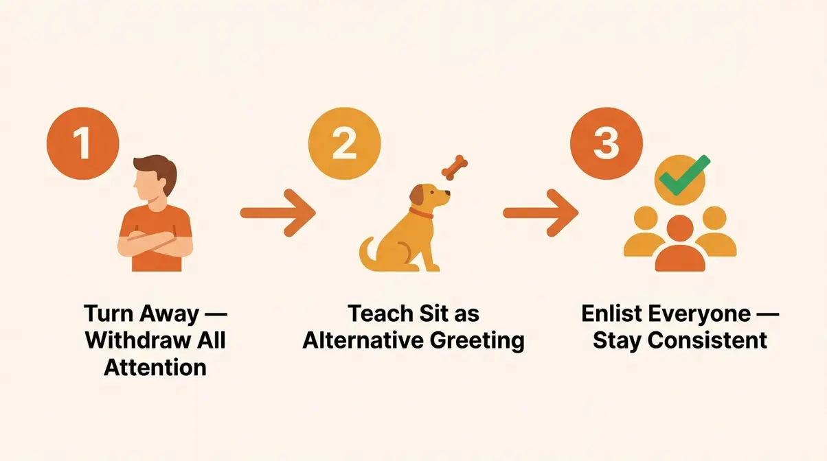 Three-step diagram showing how to stop a dog from jumping using the turn-away method and sit command