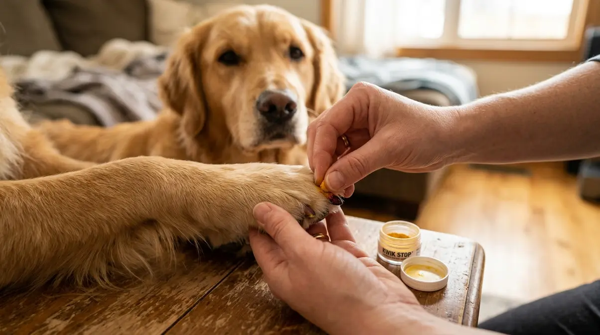 Person applying styptic powder to Golden Retriever nail tip after accidentally cutting the quick