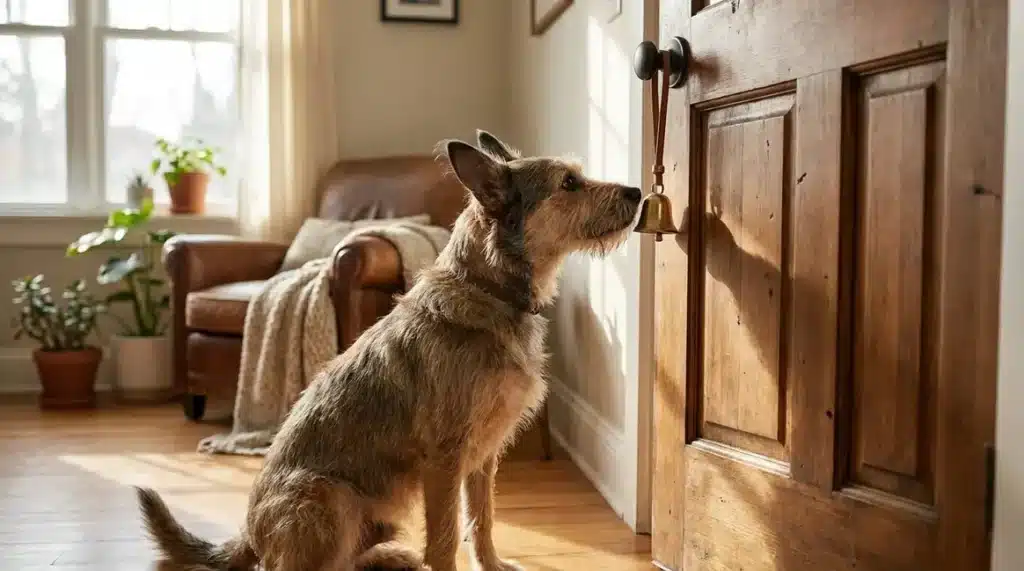 Dog touching a jingle bell on a door handle to signal it needs to go outside