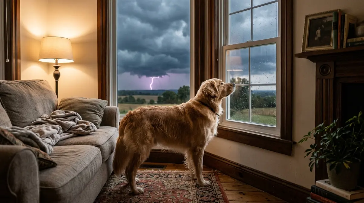 Golden retriever sensing approaching thunderstorm through window before thunder arrives showing pre-storm anxiety