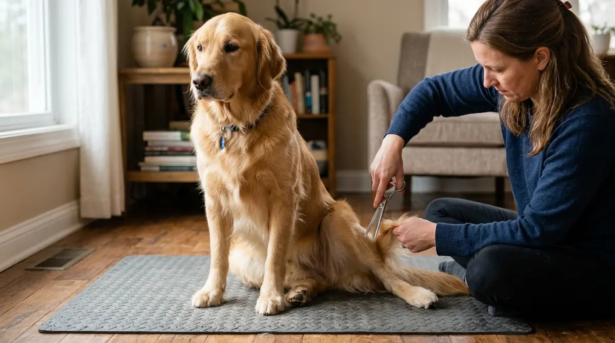 Person trimming a Golden Retriever's leg feathering with thinning shears during at-home grooming session
