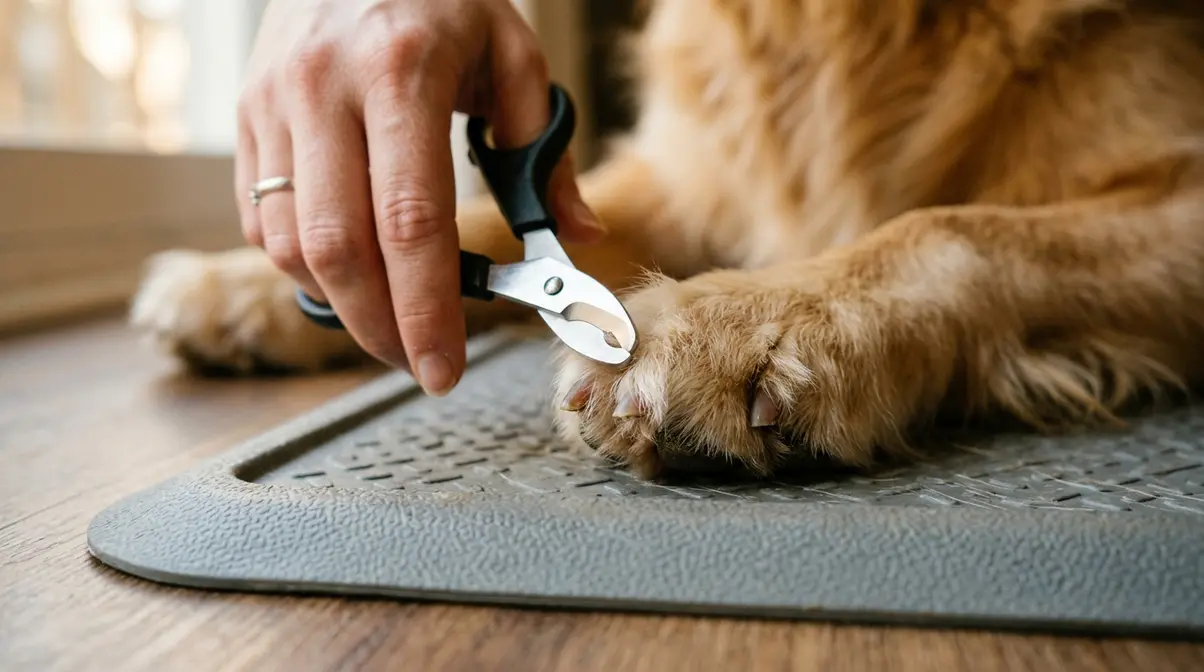 Scissor-style clippers held at 45-degree angle against Golden Retriever nail tip before trimming