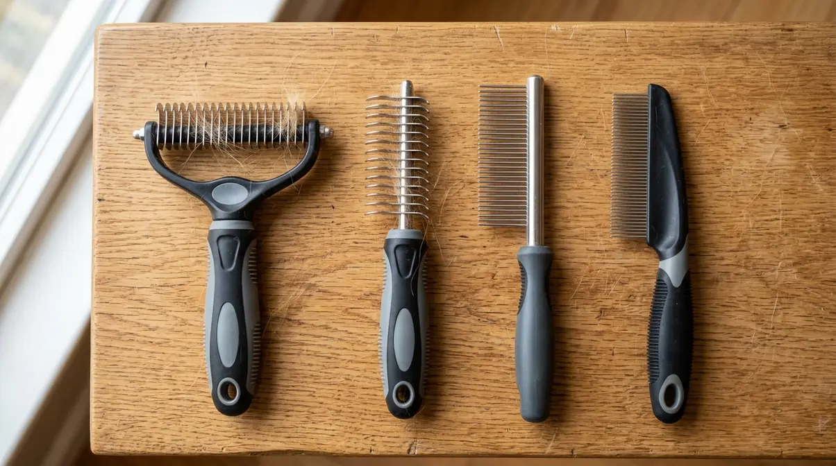 Four Golden Retriever undercoat rakes arranged on a wooden surface showing different tooth designs and handle styles