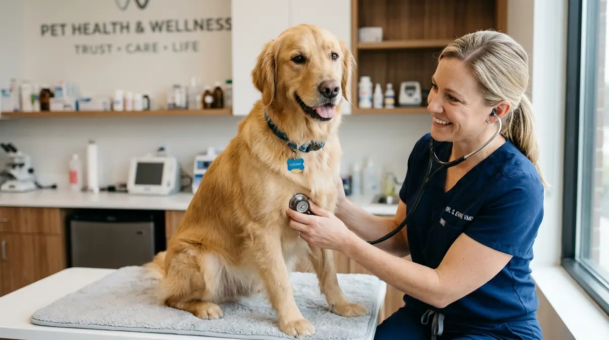 Veterinarian examining Golden Retriever